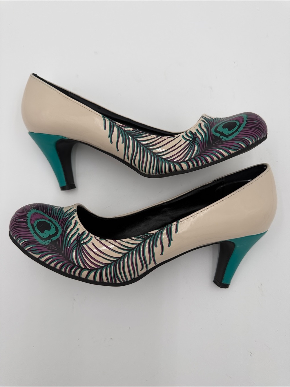 T.U.K Nude Pumps with Teal & Purple Peacock Feather Detail Size 8